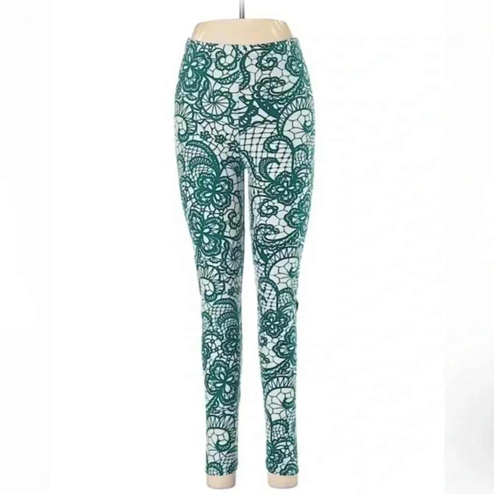 LuLaRoe | Vintage Green Lace Print OS One Size Leggings Fits Sizes 0-10